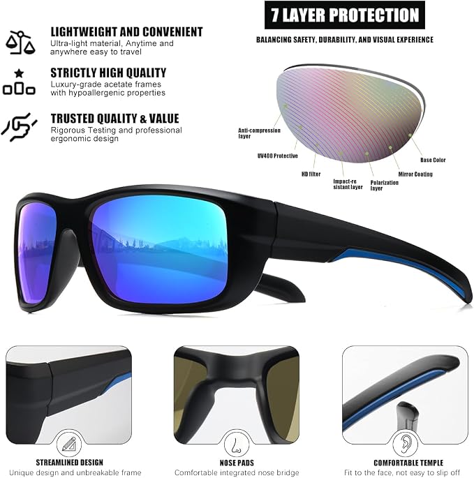 3Pack Polarized Sports Sunglasses for Men, Wrap Around Frame UV400 Goggles Sun Glasses for Cycling Fishing Driving