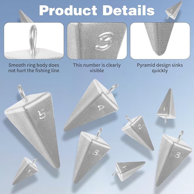 Pyramid Sinkers Fishing Weights Assortment Kit, 18 Lead Pyramid Sinkers 1oz 2oz 3oz 4oz 5oz 6oz 8oz with 2 Sinker Slides, Surf Fishing Weights for Saltwater Bottom Fishing Rigs