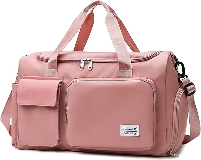 Suruid Travel Yoga Duffel Bag with Shoes Compartment Sports Gym Handbag with Dry Wet Separated Pocket for Training Men and Women, Overnight /Weekender Bag - Pink
