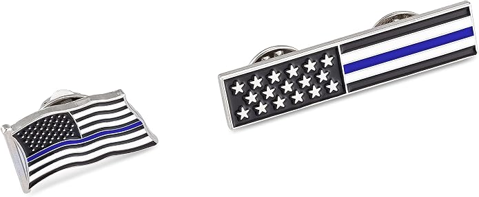 Thin Blue Line American Flag USA Lapel Pin Set - Waving Flag + Rectangle Bar - Silver Colored Metal Plated - Luxury Clothing Accessories