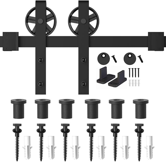 WINSOON 5-16FT Single Wood Sliding Barn Door Hardware Basic Black Big Spoke Wheel Roller Kit Garage Closet Carbon Steel Flat Track System (7.5FT)
