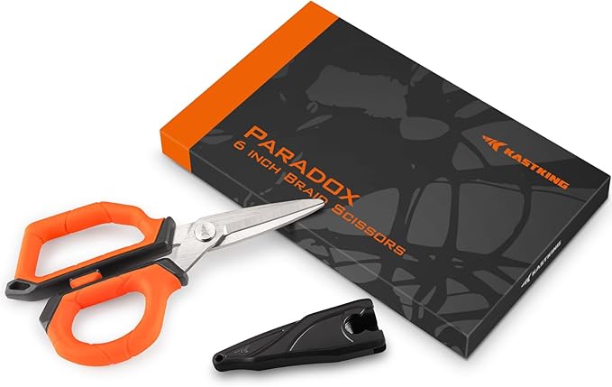 KastKing Paradox 6-inch Fishing Scissors for Braided Fishing Line, Fishing Line Cutters With Stainless Steel Blades and Non-Slip Rubber Handle, Protective Sheath With Built-in Hook Sharpener