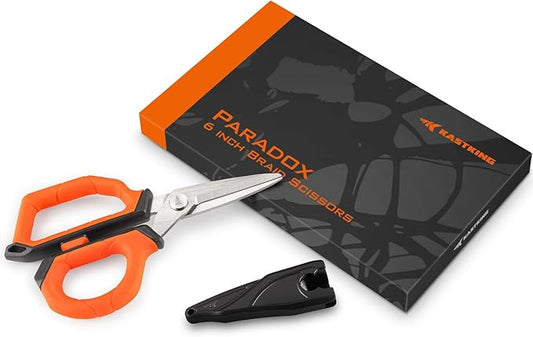 KastKing Paradox 6-inch Fishing Scissors for Braided Fishing Line, Fishing Line Cutters With Stainless Steel Blades and Non-Slip Rubber Handle, Protective Sheath With Built-in Hook Sharpener