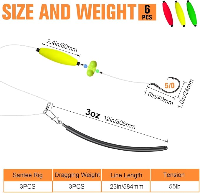Dovesun 6PCS Catfish Rigs Kit Santee Rig with Catfish Float Rattler Dragging Weights Catfishing Tackle Circle Hook Size 5/0 8/0 Weight Size 2OZ/3OZ/4OZ