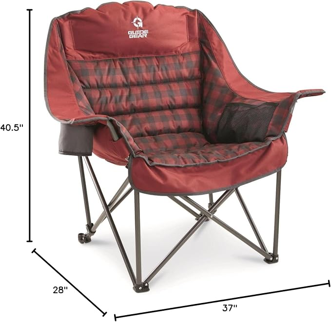 Guide Gear Oversized Extra Large Padded Camping Chair, Portable, Folding, Large Camp Lounge Beach Chairs for Outdoor, Adults, Men and Women, Heavy-Duty 400 Pound Capacity, with Cup Holder Red Plaid
