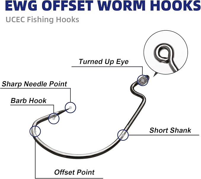 UCEC Fishing Hooks, 140PCS/ 100PCS/ 60PCS EWG Offset Worm Hooks Bass Hooks Wide Gap 2X Strong Senko Bait Texas Rig Jig Fish Hooks for Bass Trout Saltwater Freshwater Size:#4#2#1 1/0 2/0 3/0 4/0 5/0