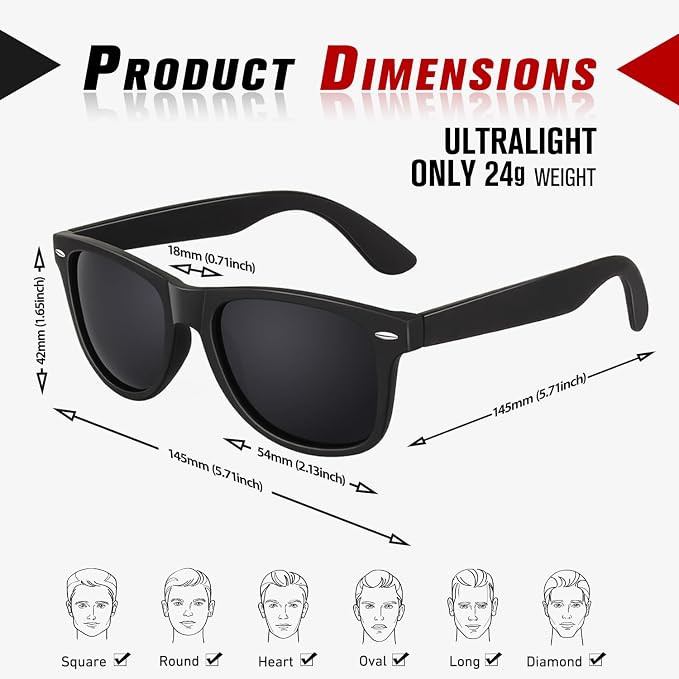 Sunier Polarized Sunglasses for Men and Women, Retro Square Matte Finish UV400 Protection Shades for Driving, Fishing
