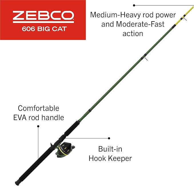 Zebco 606 Big Cat Spincast Reel and Fishing Rod Combo, 7-Foot 2-Piece Telescopic Rod, Medium-Heavy Power, Size 60 Reel, 11-Piece Eagle Claw Tackle Kit