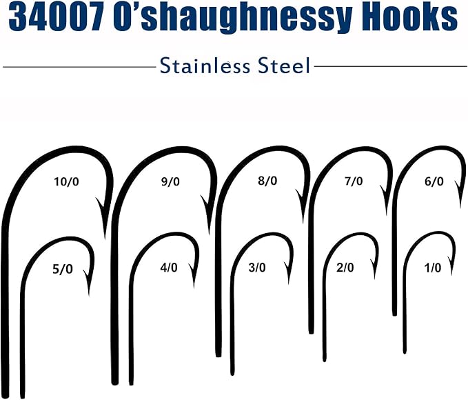 Saltwater Fishing J Hooks O'Shaughnessy Forged Extra Strong Stainless Steel Trolling Sea Bass Striper Snapper Fishing Hooks, Size 1/0-10/0