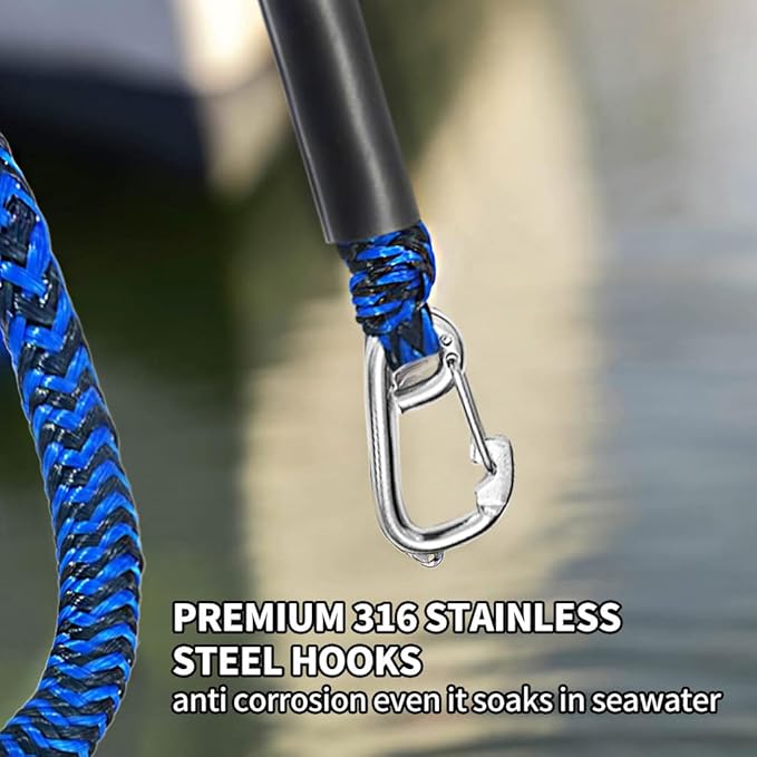 Bungee Boat Dock Line, Boat Rope with Double 316 Stainless Steel Clips Accessories for Bass Boat, Kayak, Pontoon, Watercraft, Waverunner, SeaDoo, Canoe,2Packs,4-6FT,Blue&Black