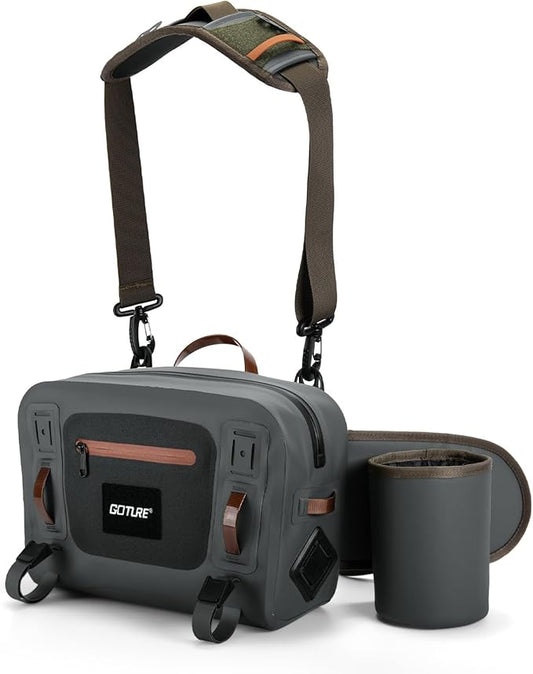 Goture Waterproof Fishing Waist Pack,IPX8 840D TPU Large Tackle Bag with Rod Holder,Airtight Zipper Closure,Detachable Water Bottle Holder, 10L Fly Fishing Bag with Adjustable Strap,Sling Fanny Pack