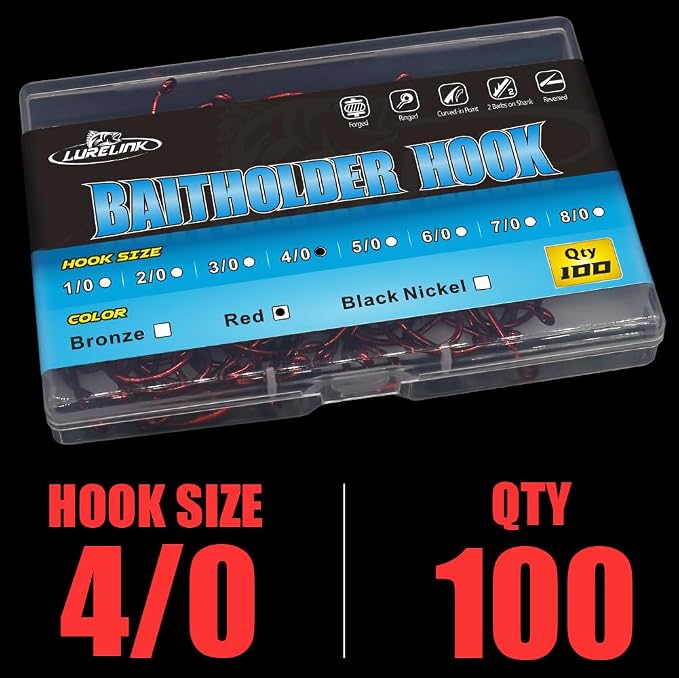 Baitholder Fishing Hooks 100 Pack - Double-Barbed Long Shank for Bluegill Bass Trout Walleye Black/Red, 8/0-#8