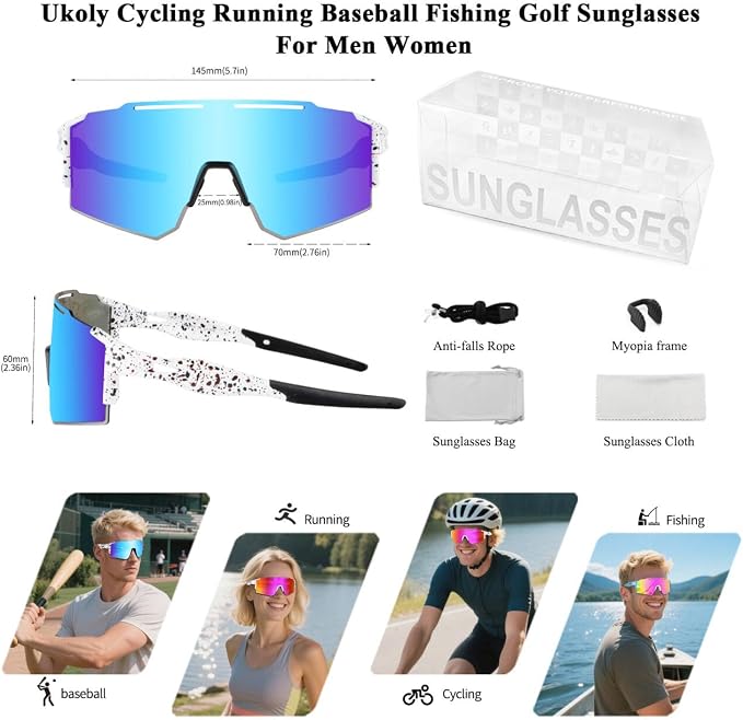 Ukoly Cycling Sunglasses for Men Women with 3 Interchangeable Lenses, Polarized Sports Sunglasses, Baseball Sunglasses