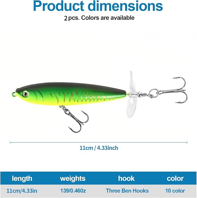 Whopper Fishing Lure for Bass：Popper Top Water Fishing Lures with Floating Rotating Tail Barb Treble Hooks Saltwater Freshwater Plopping Lures Kit