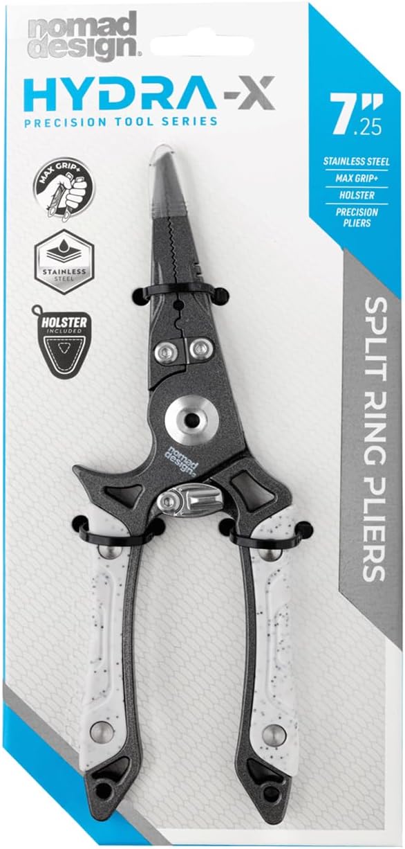 Nomad Design Hydra-X Series 7.25" Stainless Steel Split Ring Fishing Pliers With Non-Stick Coating, Includes Holster & Lanyard