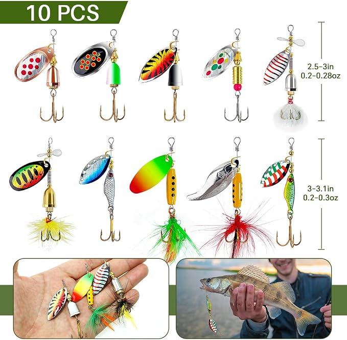 TB Tbuymax Fishing Spinner Baits for Freshwater and Saltwater, 10pcs Rooster Tail Fishing Lures & Spinning Spoons, Hard Metal Baits for Bass Trout Salmon with 2 Tackle Boxes