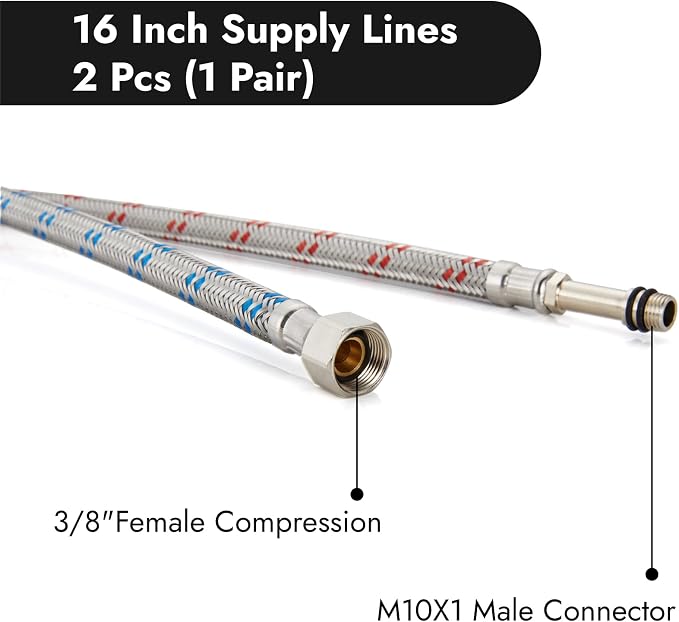 Midanya 16-Inch Long Faucet Water Supply Lines, Braided Stainless Steel Supply Hose 3/8-Inch Female Compression Thread x M10 Male Connector, x 2 Pcs (1 Pair)