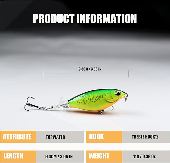 EXAURAFELIS Topwater Buzz Lure, Floating Rotating Tail Fishing Lure, Surface Noisy Hard Bait, Artificial Segmented Bait for Bass, Pike, Trout, Freshwater Saltwater Angling Tackle