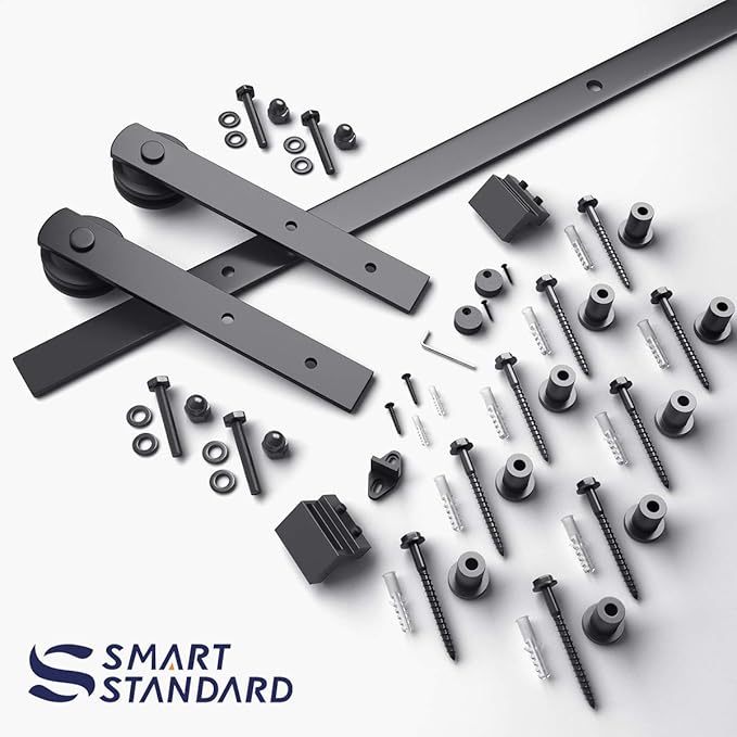 SMARTSTANDARD 12ft Barn Door Hardware Kit - Heavy Duty Sturdy, Quiet Sliding Track - Easy to Install, Fits 72" Wide Door Panel (I Shape Hanger)
