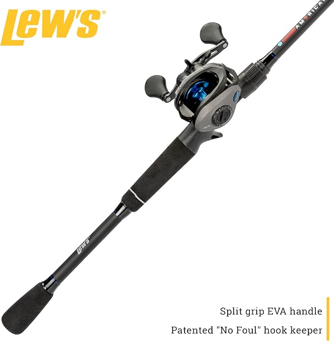 Lew's Lew’s American Hero Baitcast Reel and Fishing Rod Combo, 1-Piece Medium-Heavy Power Fast Action IM6 Graphite Rod, 7.5:1 Gear Ratio, Gray/Black/Blue