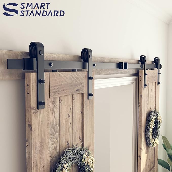 SMARTSTANDARD 11 FT Double Barn Door Hardware Kit, Sliding Door Track-Smoothly and Quietly -Includes Detailed Installation Fit 30"-33" Wide Doorpanel (J Shape Hanger) Black