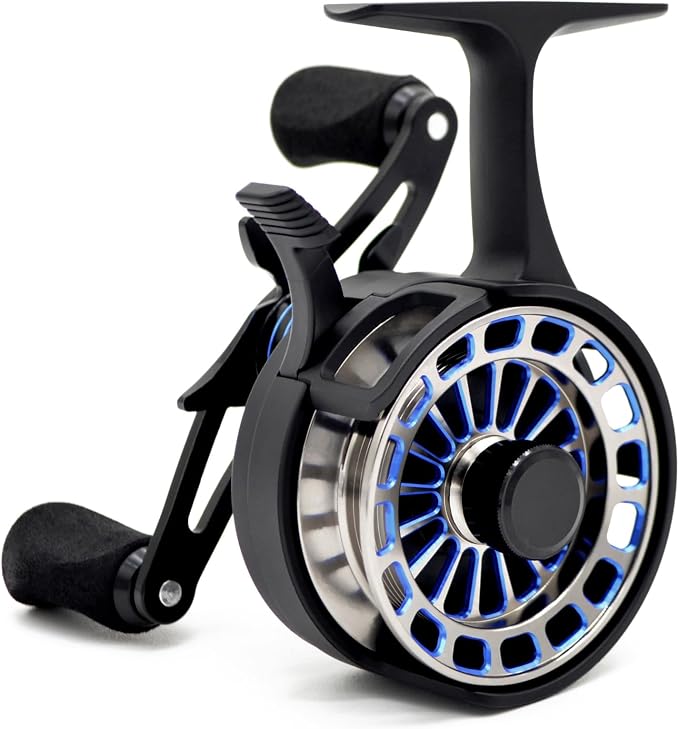 Inline Ice Fishing Reel, 3.2:1 High Speed Gear Ratio, 3+1 Anti-Reverse Ball Bearings, Magnetic Brakes, Lightweight Graphite Frame with a CNC Aluminum Spool for Winter Fishing