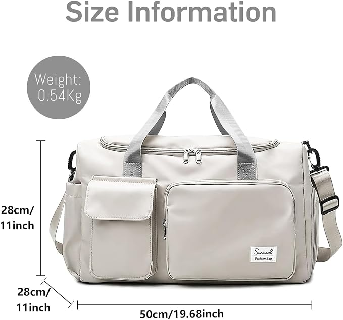 Suruid Travel Duffel Bag with Shoes Compartment Sports Gym Bag with Dry Wet Separated Pocket for Men and Women, Overnight Bag Weekender Bag Training Handbag Yoga Bag - White Gray