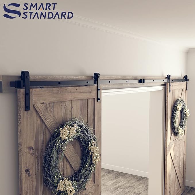 SMARTSTANDARD 14ft Heavy Duty Double Door Sliding Barn Door Hardware Kit - Smoothly and Quietly -Easy to Install -Includes Step-by-Step Installation Instruction Fit 42" Wide Door Panel