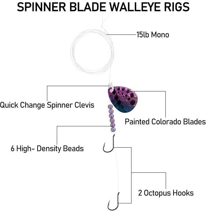 Dr. Fish 10 Pack Walleye Rigs Kit, 47 Inches, 15LB Mono Crawler Harness Walleye Float Rig Colorado Spinner Octopus Hooks for Freshwater Trolling