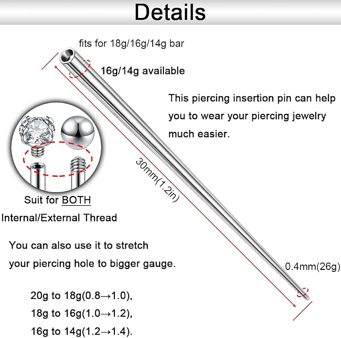 14g/16g/18g ASTM F136 Titanium Piercing Taper Insertion Pin for Internal Thread Tragus/Helix/Lip/Nose/Helix/Piercing Jewelry Cartilage Earrings Labret Nose Studs Stretcher Assistant Tool
