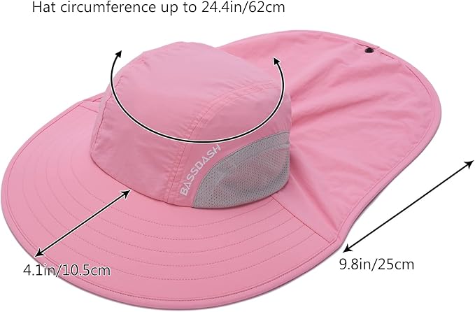BASSDASH UPF 50+ Unisex Water Resistant Wide Brim Sun Hat with Large Neck Flap Ponytail Fishing Hat for Men Women