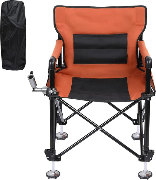 Folding Portable Fishing Chair, 220lbs Capacity Outdoor Chair with Adjustable All-Terrain Legs, Non-Slip Feet, Dual Rod Holders & Storage Bag Orange