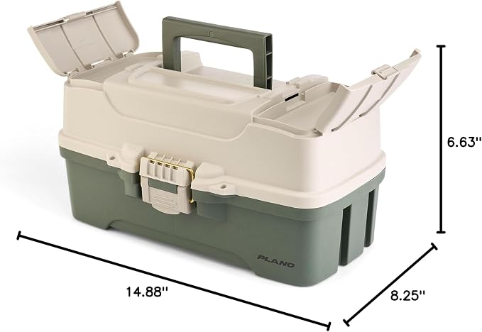 Plano Three-Tray Tackle Box Bass Kit, Tan/Green, Rust-Proof Brass Latch, Top-Access Tray Compartments with Deep Storage, Made in the USA, Portable Fishing Gear Storage Organizer