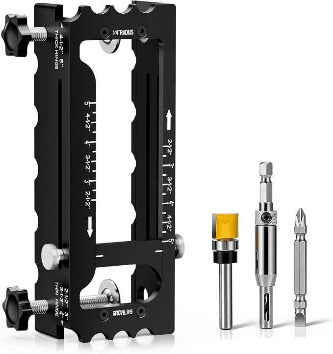Door Hinge Jig Tool for Router, Adjustable Aluminum Alloy Mortise Jig Fits Door Hinges 2.5" -5", Door Hinge Template Installation Kit, 1/4" & 5/8" Radius and Square Corners, Black