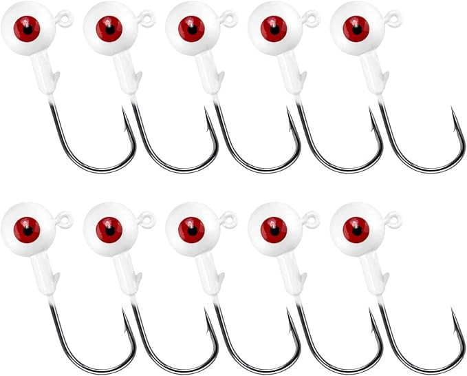 Alwonder 10-Pack Round Fishing Jig Heads, Bass Ball Jigs Hooks 3D Eyes High Carbon Steel 1/8-1/2OZ Pompano Jig Head Saltwater Freshwater Jigs Heads for Fishing Pompano Bass Trout Walleye Striper