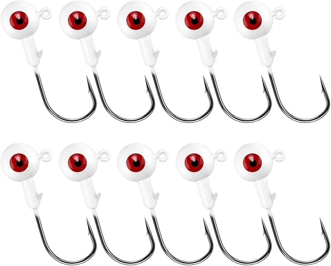 Alwonder 10-Pack Round Fishing Jig Heads, Bass Ball Jigs Hooks 3D Eyes High Carbon Steel 1/8-1/2OZ Pompano Jig Head Saltwater Freshwater Jigs Heads for Fishing Pompano Bass Trout Walleye Striper