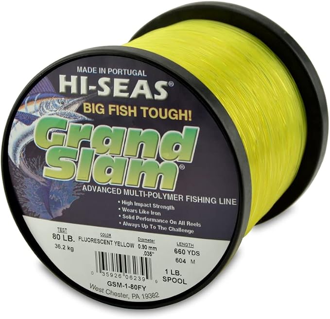 HI-SEAS Grand Slam Monofilament Fishing Line - Strong & Abrasion Resistant in Clear, Pink, Green, Smoke Blue, Fluorescent Yellow Freshwater & Saltwater - 1 lb Spool