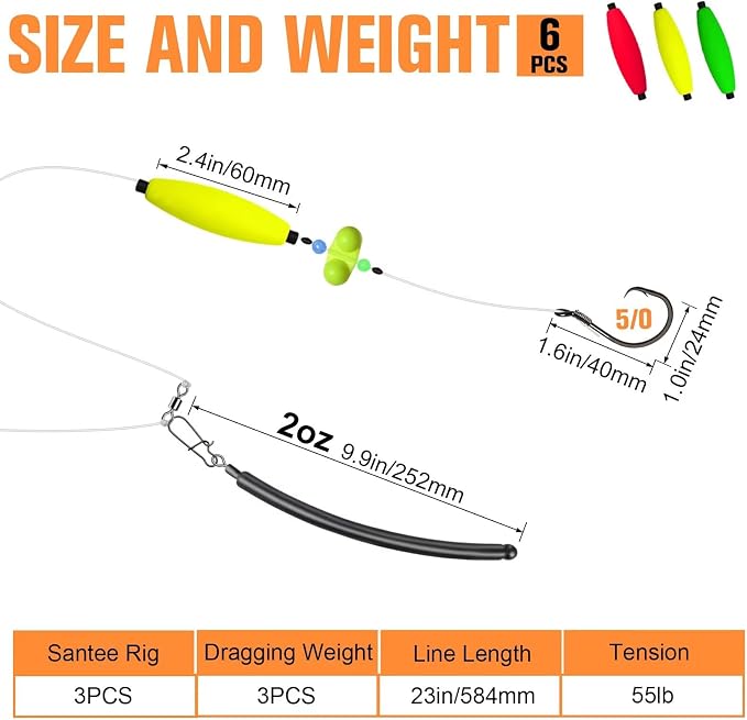 Dovesun 6PCS Catfish Rigs Kit Santee Rig with Catfish Float Rattler Dragging Weights Catfishing Tackle Circle Hook Size 5/0 8/0 Weight Size 2OZ/3OZ/4OZ