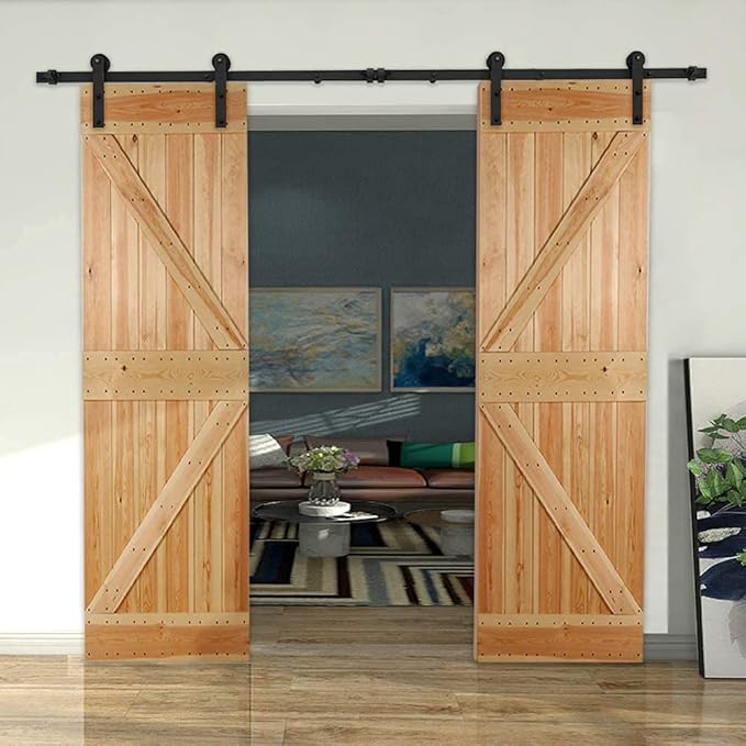 CCJH 8.2FT Sliding Barn Door Hardware Kit, Heavy Duty, Smoothly and Silently, Easy to Install, Fit 24.6" Width Double Door Panel, I Shaped Hangers Black