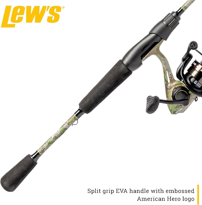 Lew’s American Hero Camo Spinning Reel and Fishing Rod Combo, IM7 Graphite Rod, Interchangeable Retrieve, Camo/Black