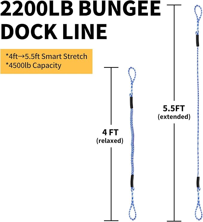 2-Pack Bungee Dock Lines for Boats with Loops, Boat Tie Downs for Docking, Adjustable Boat Mooring Rope for Pontoon, Jon Boat & PWC (Blue & White Waves, 4 FT)