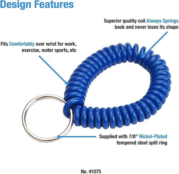 Lucky Line 2” Spiral Wrist Coil with Steel Key Ring, Flexible Wrist Band Key Chain Bracelet, Stretches To 12” Assorted Colors, 25 Pack (41075)