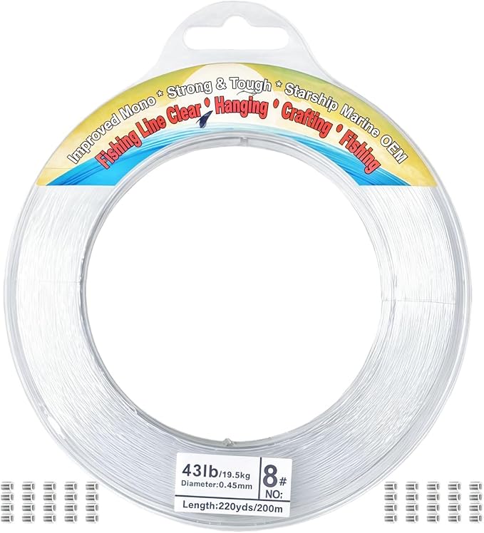 Aboda Clear Fishing Line 0.2-1 mm, Strong Invisible Nylon Fishing Wire 8-100 lb Test Includes Crimp Sleeves, Clear String for Hanging Decorations Balloons Garlands Crafts & Jewelry