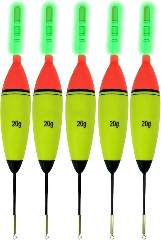 QualyQualy Lighted Fishing Slip Bobber 4-5Pcs Wood/EVA Fish Float + 8-10Pcs Glow Sticks, Night Fishing Light Up Slip Bobber for Crappie Bass Panfish Catfish Walleye