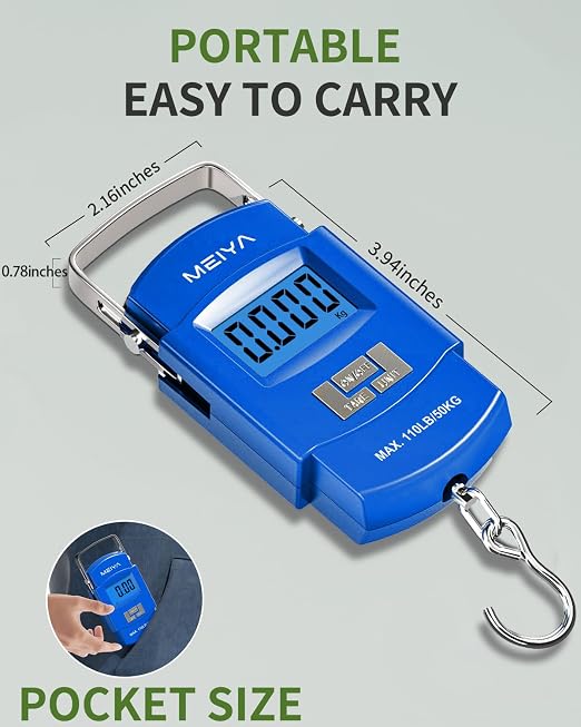 MEIYA Fish Scale 110lb Portable Luggage Scale Travel Digital Hanging Scale with Hook, Fishing Gifts for Men, Weighing Tool for Suitcases & Fish, Includes 2 AAA Batteries, Backlit LCD Display (Blue)