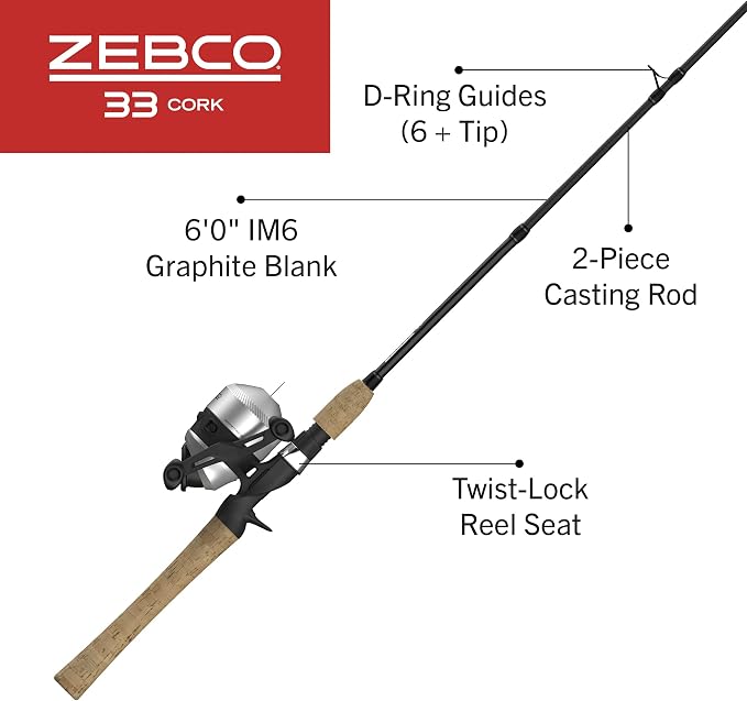 Zebco 33 Cork Reel and Fishing Rod Combo, Graphite Rod with Cork Handle, QuickSet Anti-Reverse Fishing Reel with Bite Alert