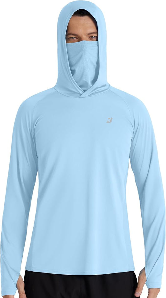 Roadbox Men's UPF 50+ Hooded Fishing Shirts Long Sleeve Sun Protection Hoodie, Hiking Running Swimming Rash Guard with Mask