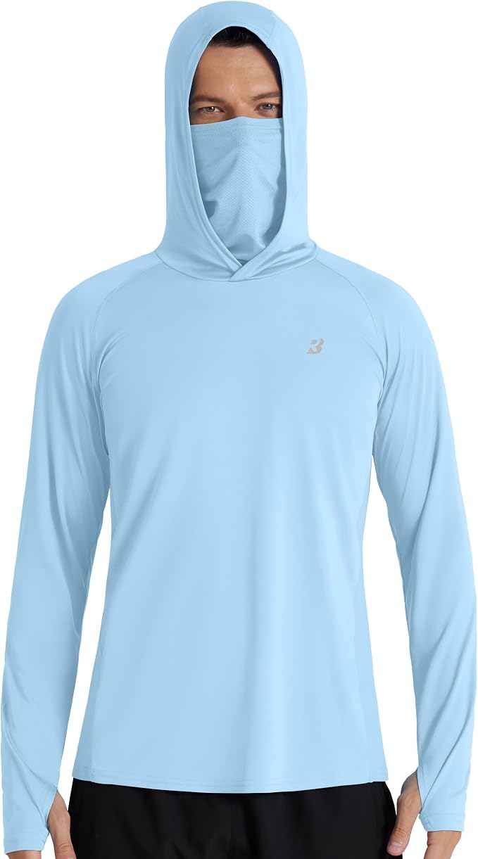 Roadbox Men's UPF 50+ Hooded Fishing Shirts Long Sleeve Sun Protection Hoodie, Hiking Running Swimming Rash Guard with Mask