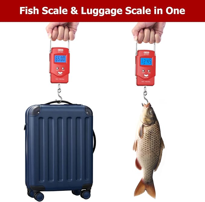 Dr.meter Fish Scale Luggage Scale Fishing Gear - 110lb Backlit LCD Display Digital Scale with Built-in Measuring Tape - Fishing Scale with 2 AAA Batteries, Pocket Size - Fishing Gifts for Men