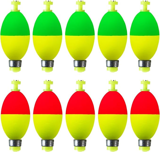 Fishing Bobbers Floats,10 Packs Weighted Bobbers for Fishing Foam Snap-on Fishing Floats Ball Oval Fishing Corks Bluegill Crappie Panfish Bass Trout